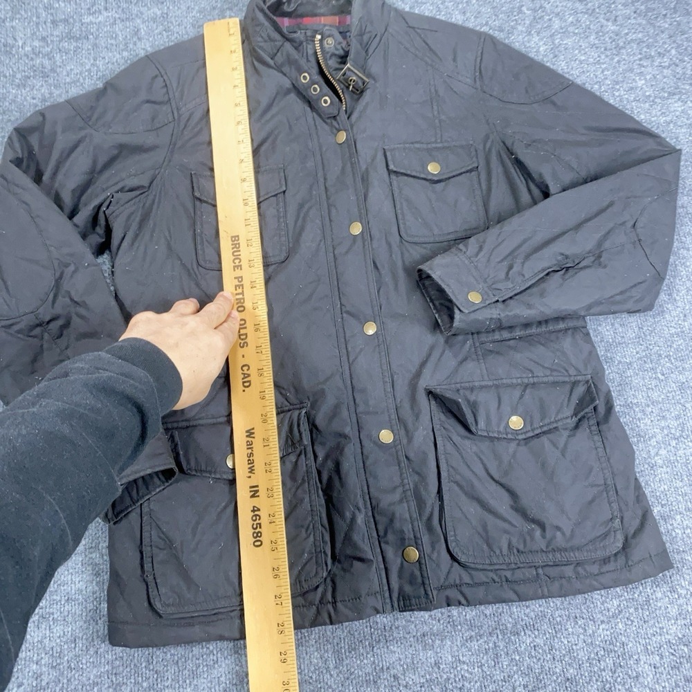 Orvis Barn Coat Womens Sz L Black Chore Jacket Flannel Lined Leather Collar 2MPO - Picture 8 of 16